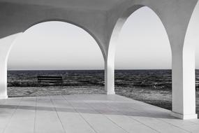 black and white, church arches by the sea