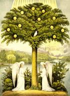 Angels stand under an orange tree