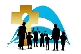 children and mother silhouettes and cross drawing