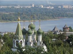aerial view of Church with green roof in Nizhniy Novgorod