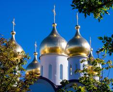 Orthodox Moscow Church with golden crosses on roof