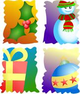 Beautiful and colorful clipart with Christmas decorations, gifts plant and snowman in winter