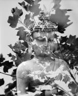 transparent Buddha sculpture over branches, digital art