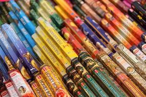 Close-up of the many, colorful and beautiful aromatic sticks in Asia