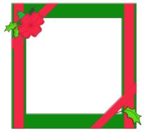 Beautiful, red and green photo frame with the flower and leaves, with ribbon, clipart