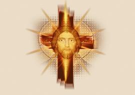 cross, portrait of Jesus Christ and golden rays