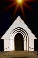 Beautiful, white door of the church, with the cross, in colorful light, clipart