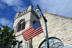 American Flag and church