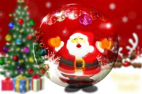 Beautiful and colorful Christmas globe with the Santa Claus, near the Christmas tree, with the decorations, clipart