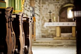 interior of the church in Dziekanowice in blurred background