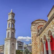 white Belfry of Cathedral Church of Agios Nikolaos, greece, volos