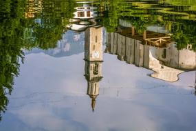 Reflection of the beautiful church, among the green trees, in the lake, in Italy