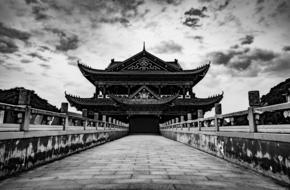 symmetry in the architecture of the temple in black and white background