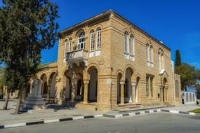 Beautiful architecture on the street of Larnaca at blue sky background on Cyprus, Greece