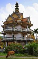 Beautiful and colorful temple and animal, among the green trees in Battambang, Cambodia