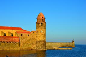 Beautiful and colorful Church of Our Lady of the Angels, in Collioure, France, on the shore