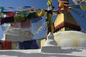 Beautiful and colorful prayer flags near the stupa in Kathmandu, Nepal