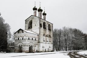 church among winter landscape in black and white background