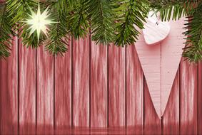 Beautiful Christmas postcard with red wood wall, green fir tree, lights and pink hearts