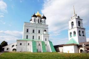 Beautiful green and white Trotsky Cathedral in Pskov, Russia