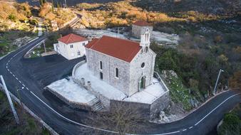 aerial view of mountain church