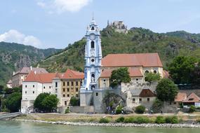Campanile of Mariahimmelfahrt, old church at lake, austria, wachau