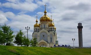 Beautiful and colorful Spaso-Preobrazhenskiy Cathedral, with the golden domes, in Khabarovsk, Kirovsky District, Russia