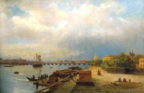 Beautiful and colorful painting of the shore of St Petersburg, Russia, of Lev Lagorio