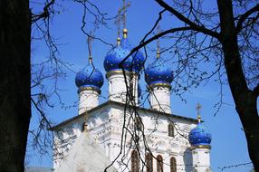 church with white walls and blue domes