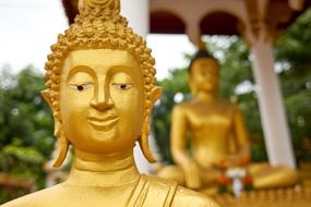 Beautiful, gold Buddha statues in the temple in Vientiane, Laos