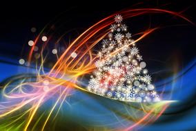 Beautiful and colorful Christmas tree with snowflakes, and colorful lights, clipart