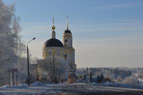 yellow church at winter Russia