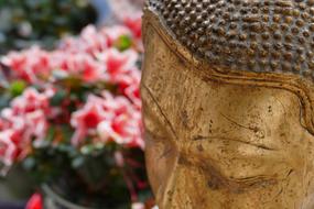 Beautiful, gold Buddha statue near the beautiful, red and white flowers