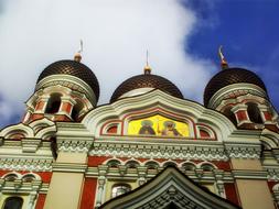 Beautiful and colorful cathedral in Tallinn, Estonia, under the blue sky with white clouds