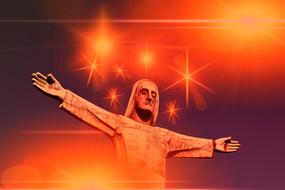 jesus figure sculpture red banner