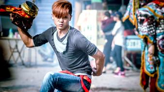 Dancing near the beautiful temple in Taiwan