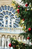 Beautiful church and green Christmas tree with colorful decorations in Paris, France