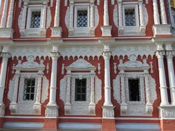 red and wshite church facade in Nizhniy Novgorod, Russia