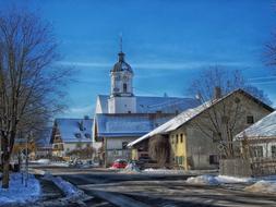 church in small old town at winter, Germany, Bavaria, Friesenried