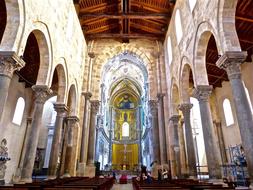 Beautiful and colorful interior of the cathedral, with the columns, in Cefalu, Sicily, Italy