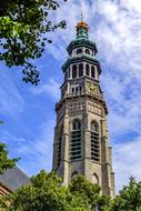 Church Steeple Tower blue sky green bush