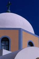 Church with white dome at blue sky, greece, Santorini