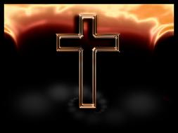 Beautiful religious cross at dark sky with orange sunset on background