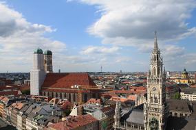 Beautiful cityscape of Munich, Bavaria, Germany, with the colorful buildings, under the blue sky with clouds