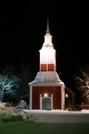 traditional old wooden church at winter night, Sweden, JukkasjÃ¤rvi