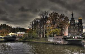 church near the river at cloudy twilight