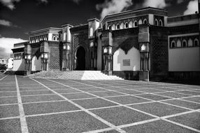 Black and white photo of the beautiful, patterned mosque in Agadir, Morocco