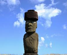 Beautiful Mohai sculpture in Chile, in light and shadow, at blue sky with white clouds on background