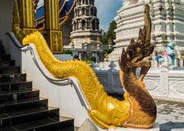 statue of the golden dragon on the staircase in the temple complex