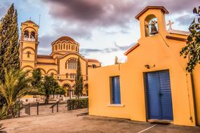 Beautiful and colorful church and other building in Paralimni, Cyprus, Greece